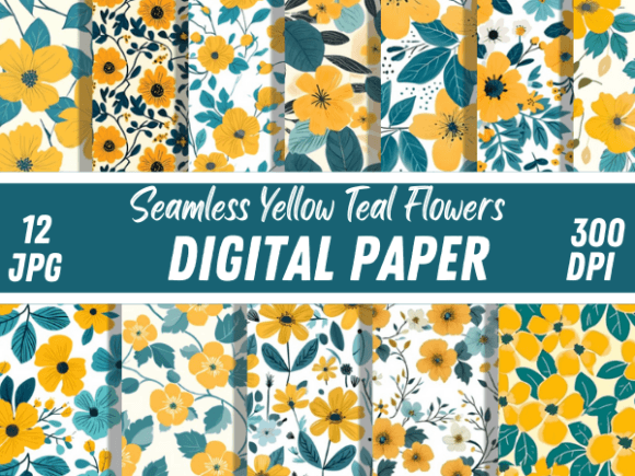 Elevating Creative Workflows with Yellow Teal Flowers Seamless Patterns and Digital Texture Bundles