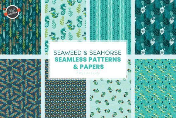Seahorse Seaweed Seamless Patterns
